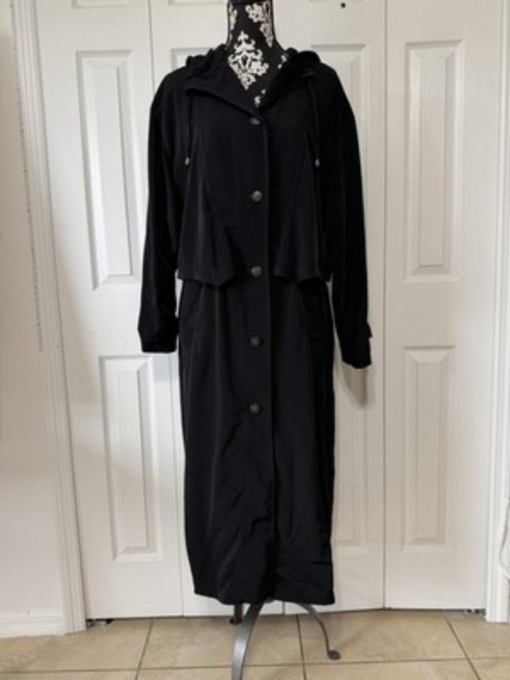 British Mist Coat Womens 12 Black Hooded Corset Lace Up Back Long Rain Coat